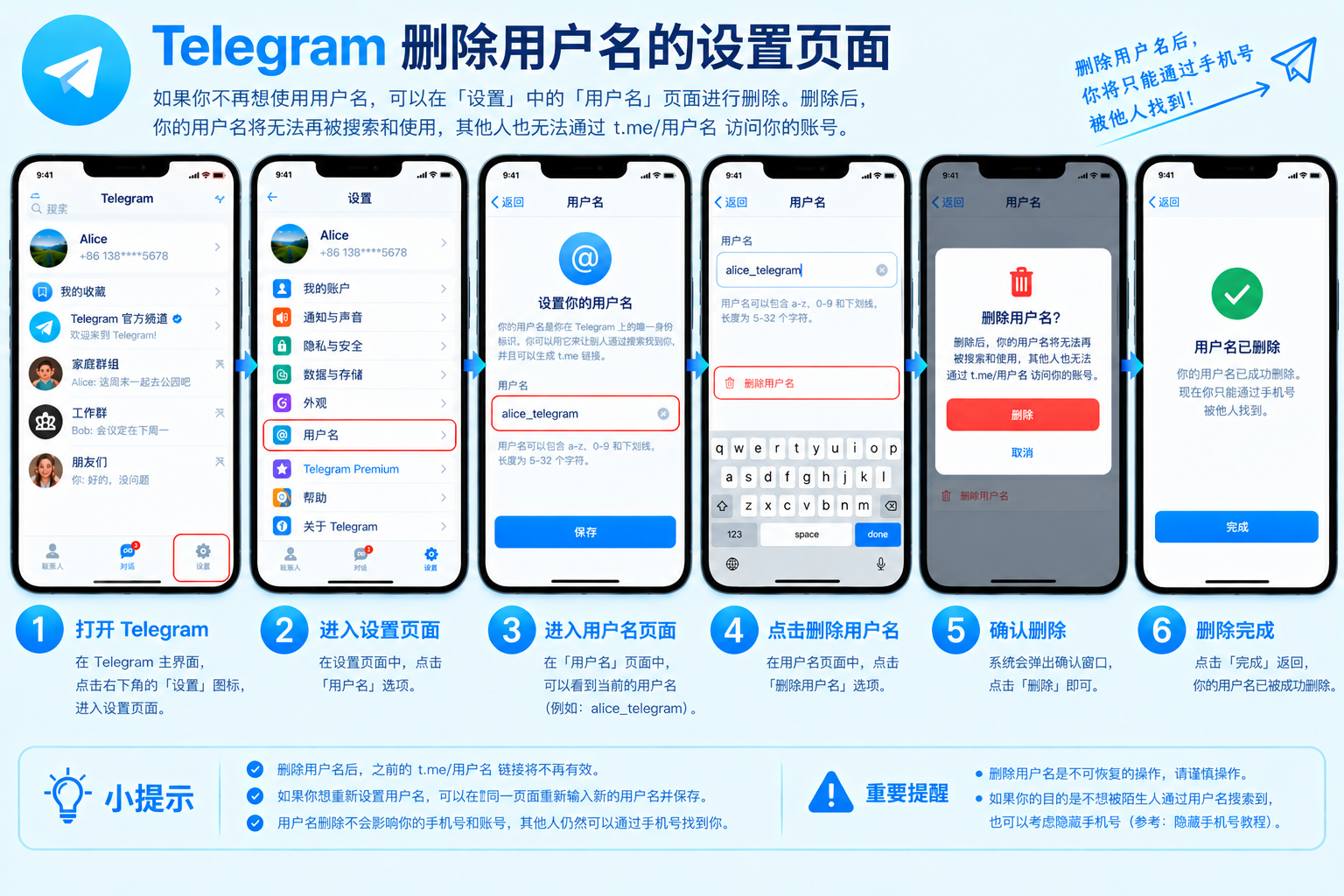Telegram删除用户名的设置页面